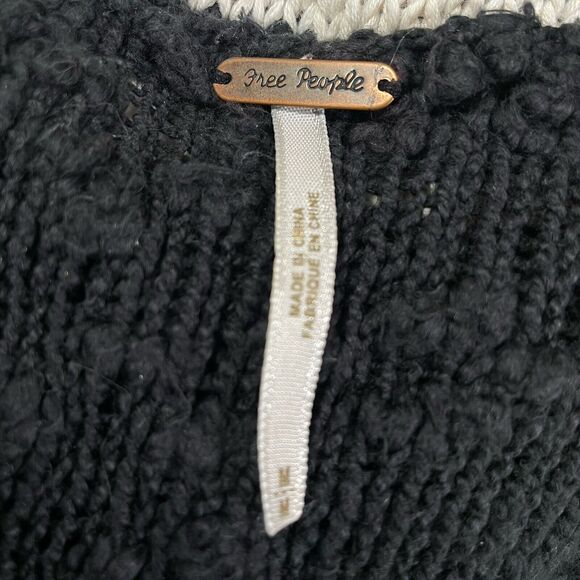 Free People Oversized Sweater Sz M Black/Ivory Pullover Open Weave Sides Cotton - Picture 9 of 11